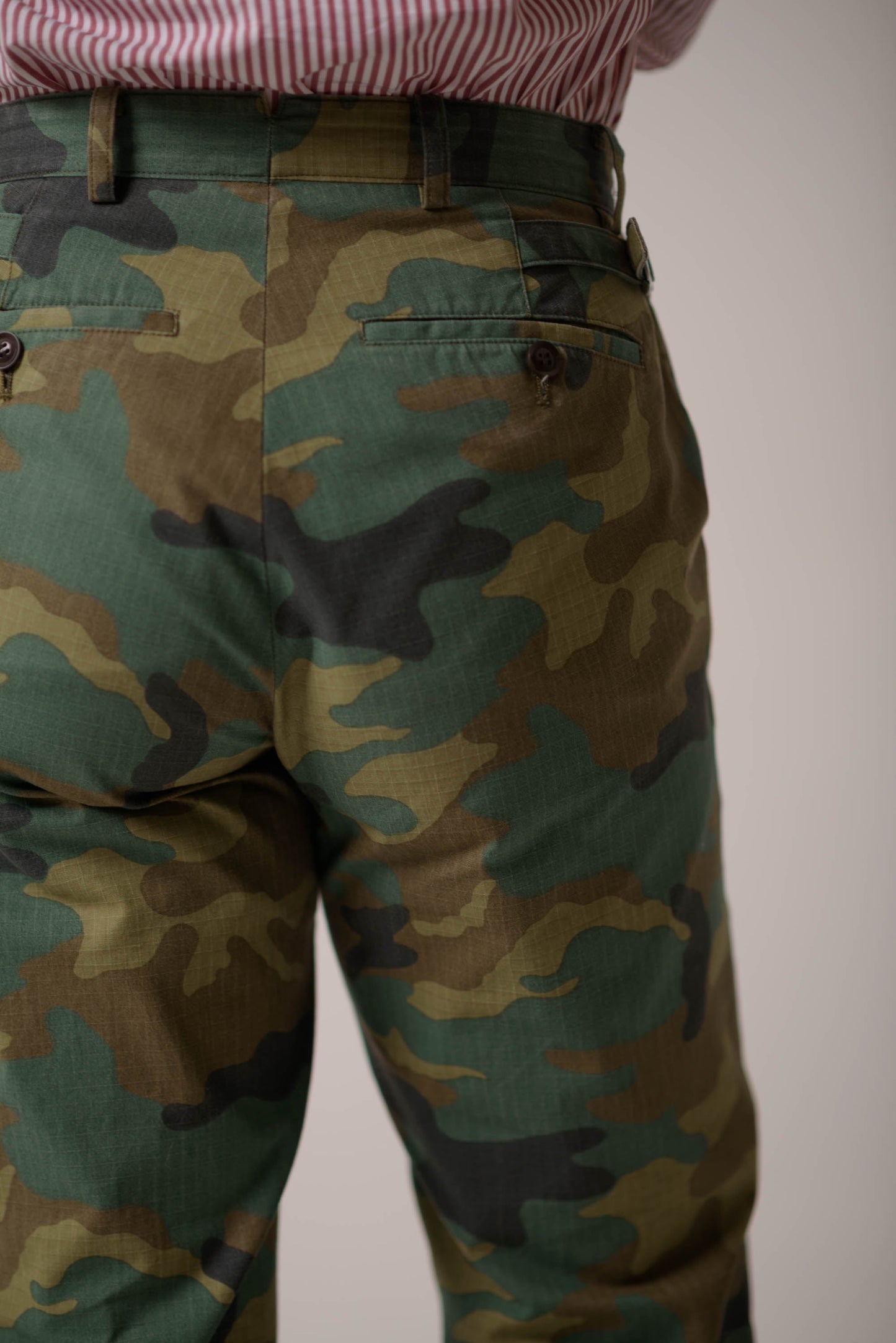 Camouflage pants worn by a person with a plain background